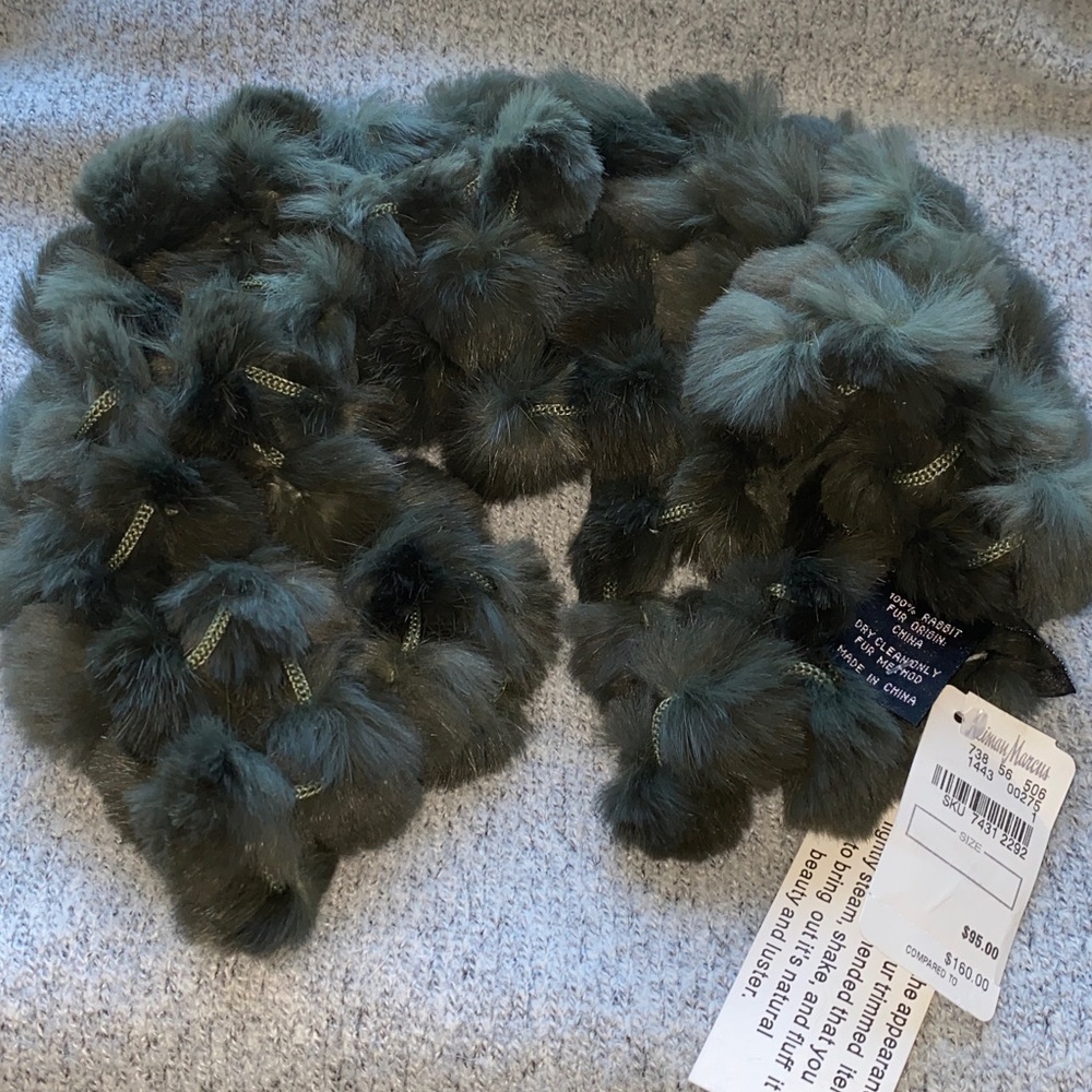 Adrienne Landau Dark Green Pom Pom Rabbit Fur Scarf